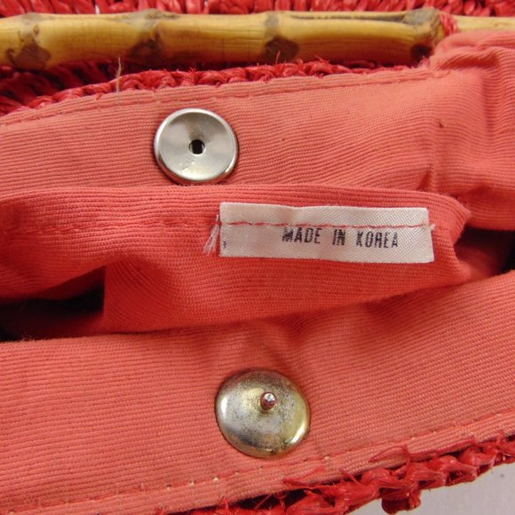 Red Woven Raffia Clutch Bag w/Bamboo Handles - Vintage - Picture 8 of 9